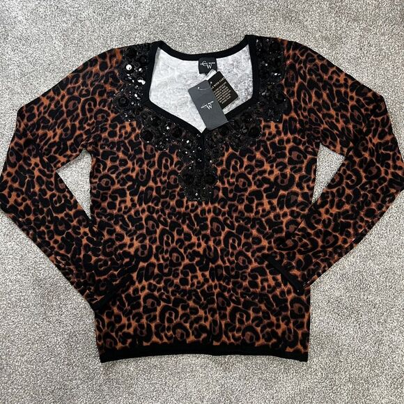 Beaded Knit Leopard Print Sweater NEW Womens Size Small Brown VNeck Colour Works - Picture 1 of 10